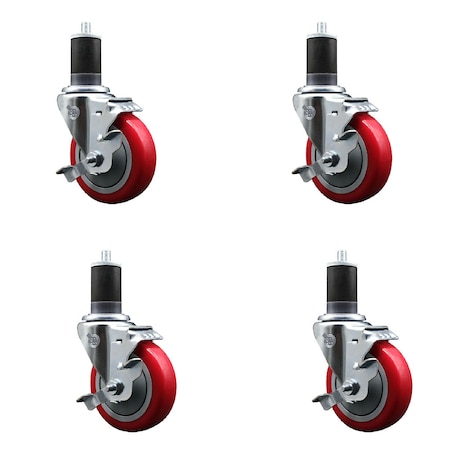 Service Caster 4'' SS Red Poly Swivel 1-5/8'' Expanding Stem Caster Set with Brake, 4PK SCC-SSEX20S414-PPUB-RED-TLB-158-4